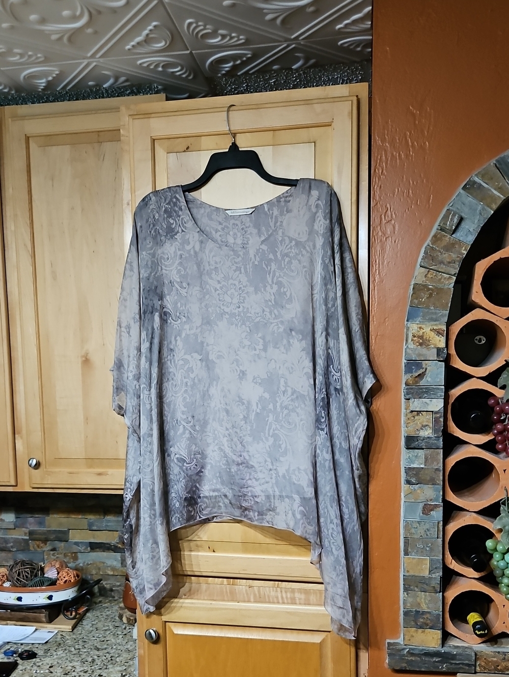 Soft Surroundings Gray Tan Floral Print Silk Short Sleeve Poncho Top